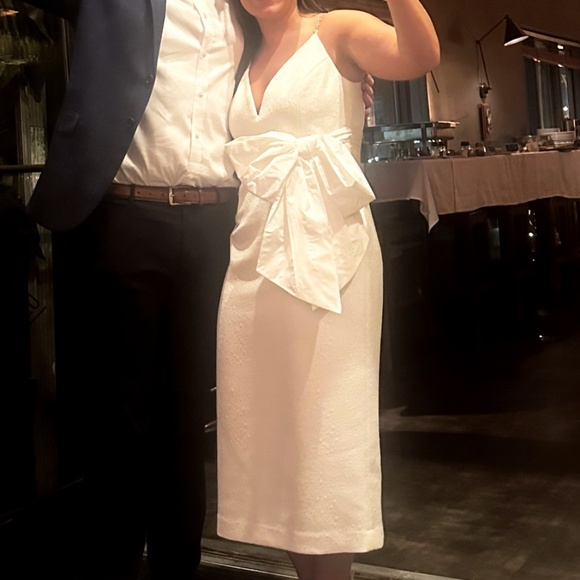 White Bow Rehearsal Dinner Dress - Genevieve Sheath Midi Dress - Picture 3 of 3